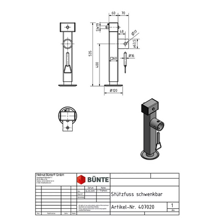 Noga podporowa obrotowa, podpora wysuwana kwadrat 60 x 535 mm do przyczepy lawety 1350 kg