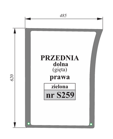 Szyba gięta zielona przednia dolna prawa John Deere R96195