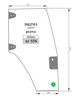 Szyba gięta zielona drzwi prawe Case New Holland 82036000 82019225